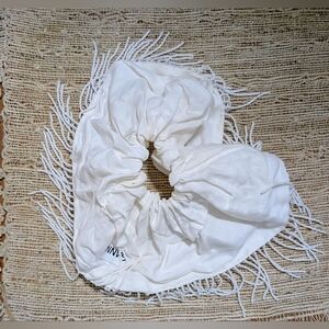 GANNI Oversized Maximalist Linen Beaded Fringe Scrunchie in White